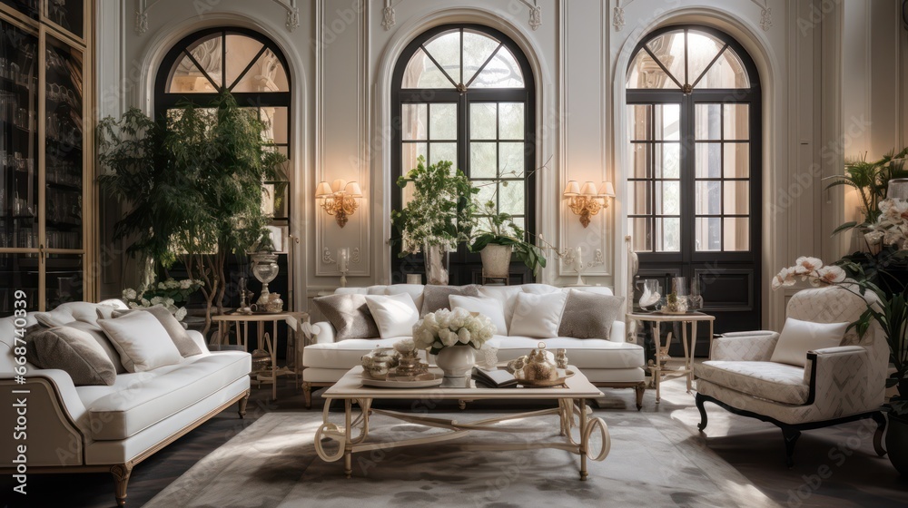 A fusion of industrial and classic interior design in a home, incorporating luxurious and classic furniture to create an elegant and graceful atmosphere, including classic sofas, tables, windows, and A fusion of industrial and classic interior design in a home, incorporating luxurious and classic furniture to create an elegant and graceful atmosphere, including classic sofas, tables, windows, and