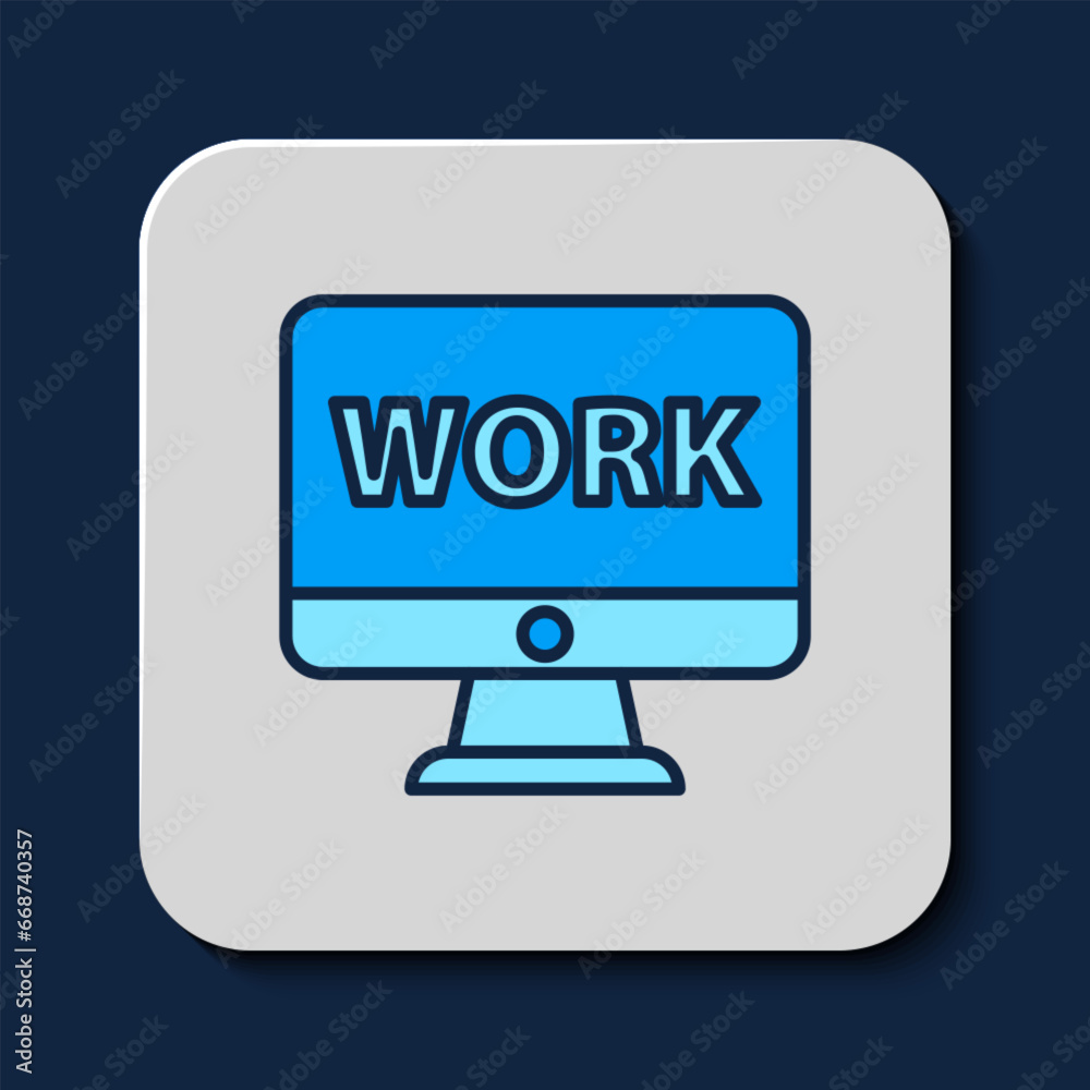 Filled outline Computer monitor with text work icon isolated on blue background. Vector Filled outline Computer monitor with text work icon isolated on blue background. Vector