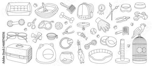 Pet supplies outline set. Animal accessories. Sleeping pillow, chew toy, medal, scissors, nail clipper, brush, fur remover, aquarium, backpack carrier