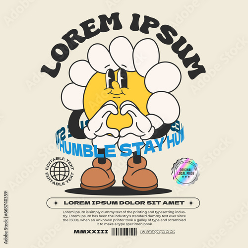 daisy flower groovy character 90s design illustration with slogan, retro cartoon character