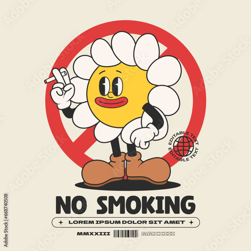 daisy flower groovy character 90s design illustration with slogan, retro cartoon character