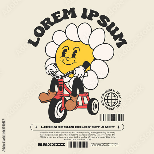 bicycle daisy flower groovy character 90s design illustration with slogan, retro cartoon character