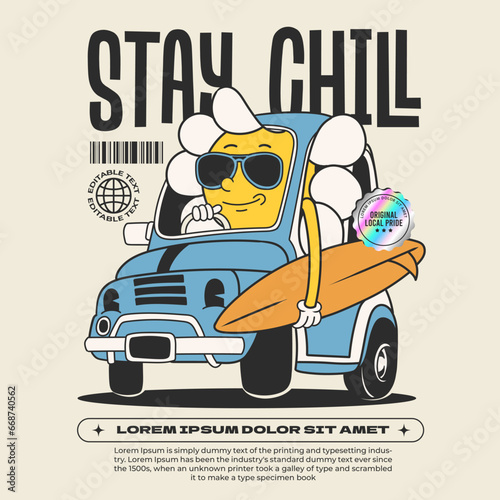 riding car daisy flower groovy character 90s design illustration with slogan, retro cartoon character