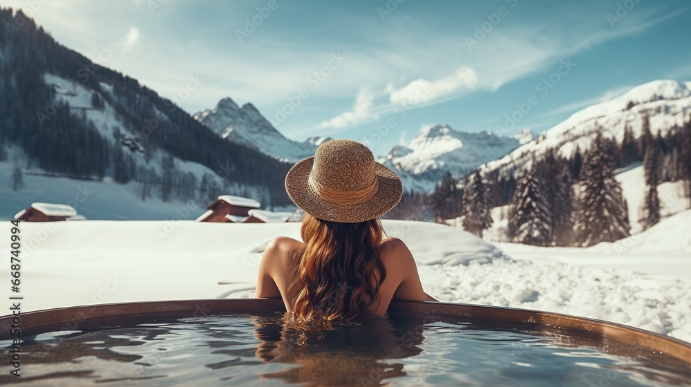 Beautiful girl in a jacuzzi in nature in the mountains. Generation AI - obrazy, fototapety, plakaty 