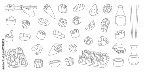 Sushi outline set. Japanese cuisine. Ikura sushi, tobiko maki, philadelphia roll, onigiri, shrimp nigiri, futomaki, sake temaki, soy bowl, vasabi.