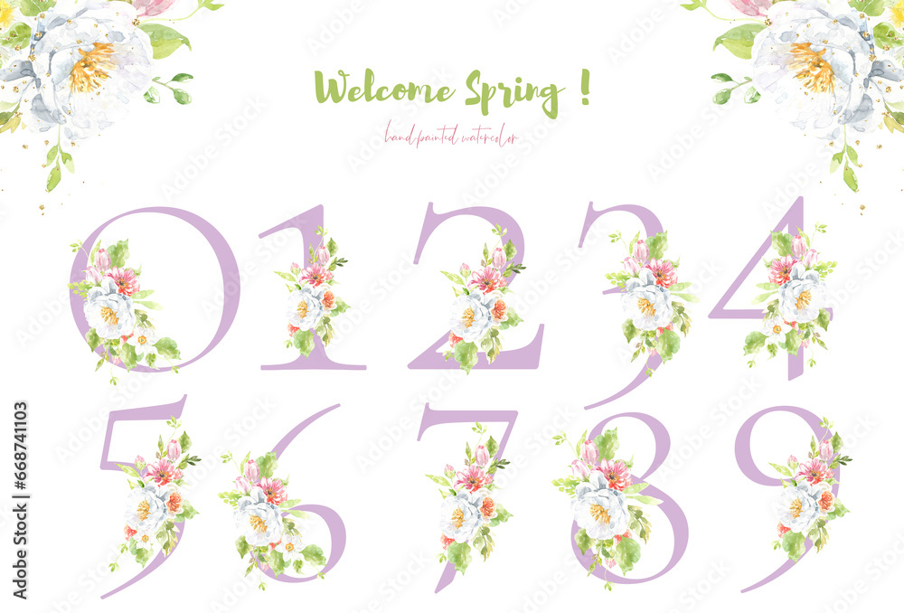 Watercolor Spring Easter Floral Number set, lilac digit spring flowers,tulip,peony, rose.Floral element for invitation, easter, baby shower, birthday, table number, new baby is turning card, greetings