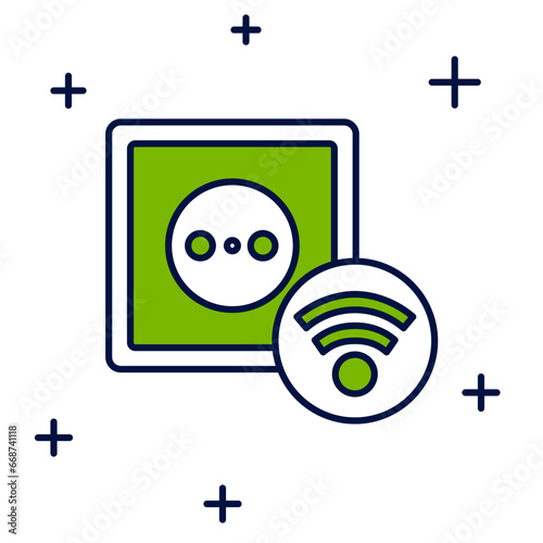 Filled outline Smart electrical outlet system icon isolated on white background. Power socket. Internet of things concept with wireless connection. Vector