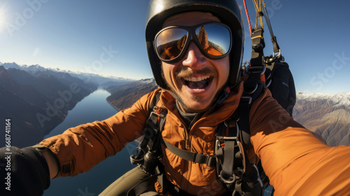 Happy paraglider taking selfie in mid air. Extreme sport concept.