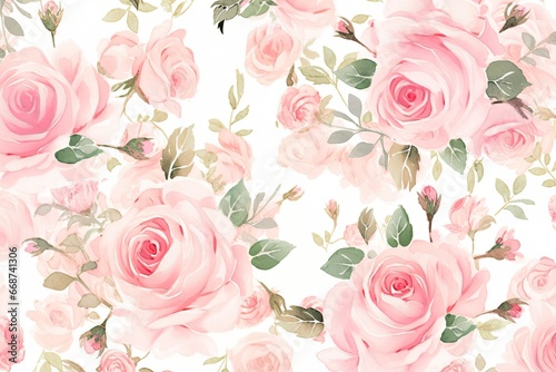 Watercolor Beauty Pink Rose Pattern Background. Wedding Backdrop. Valentine's Day Banner. Illustration © Wasin