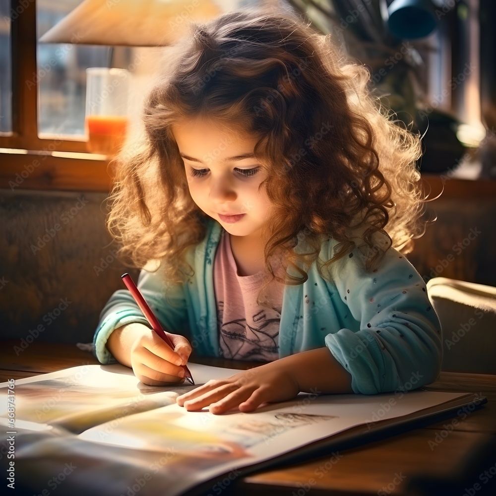 Cute little girl drawing with colored Pencils Cute little girl drawing with colored Pencils