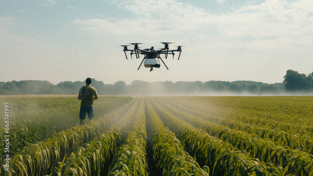 The sight of pesticides being sprayed by drones on a vast corn field. - obrazy, fototapety, plakaty 