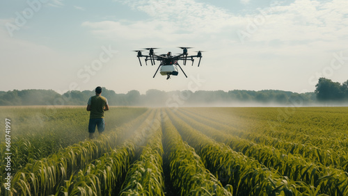Foto The sight of pesticides being sprayed by drones on a vast corn field