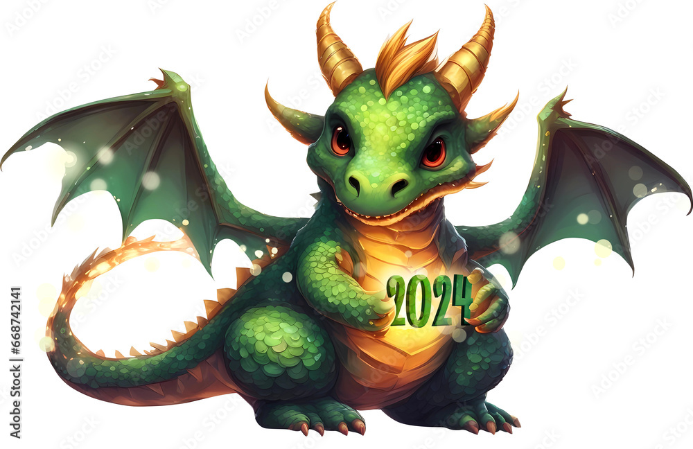 Obraz premium Generative AI. The green cute kind dragon holds the numbers 2024 in its paws. Shining fantastic monster. Fairy tale. On a white background. Festive mood. 3D illustration for children, holiday. The
