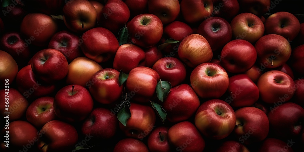 Red apples background. Fresh red apples with green leaves. Red apples background. Generative AI. Red apples background. Fresh red apples with green leaves. Red apples background. Generative AI.