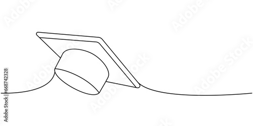 Graduation cap, school supplies one line continuous drawing. Back to school continuous one line illustration. Vector minimalist linear illustration.