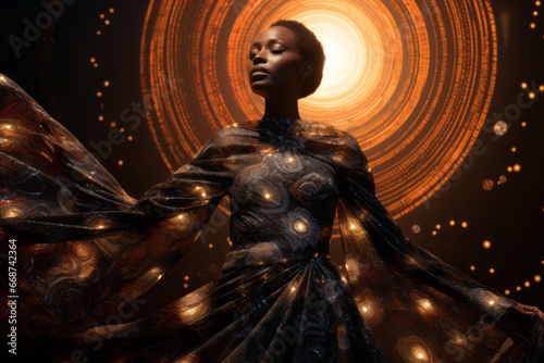 Generative AI of a woman dressed in attire inspired by the colors and energy of a supernova