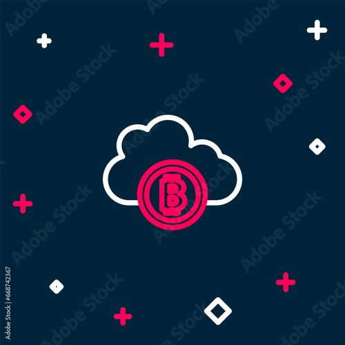 Line Cryptocurrency cloud mining icon isolated on blue background. Blockchain technology, bitcoin, digital money market, cryptocoin wallet. Colorful outline concept. Vector