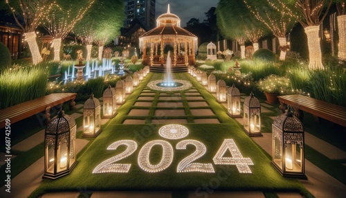 A magical path leads to a dazzling gazebo adorned with sparkling lights, signifying the new year celebration of 2024, surrounded by lush plants and trees, with a majestic building in the background