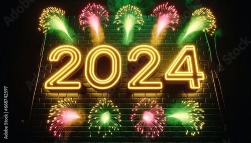 In the midst of a dark brick wall, the glowing neon sign for 2024 illuminates the new year with a dazzling celebration of light and color, accompanied by the explosive excitement of fireworks