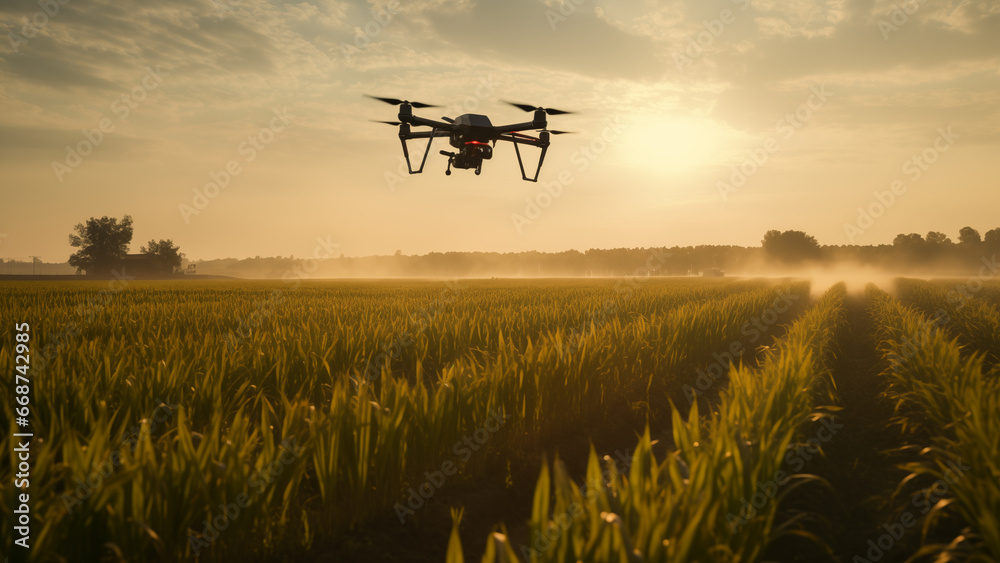The sight of pesticides being sprayed by drones on a vast corn field. The sight of pesticides being sprayed by drones on a vast corn field.
