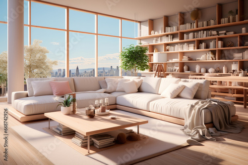 Modern design of the living room with a cozy comfortable sofa and coffee table in front of the panoramic window