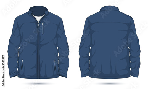 Blue bomber jacket mockup with zipper front and back view