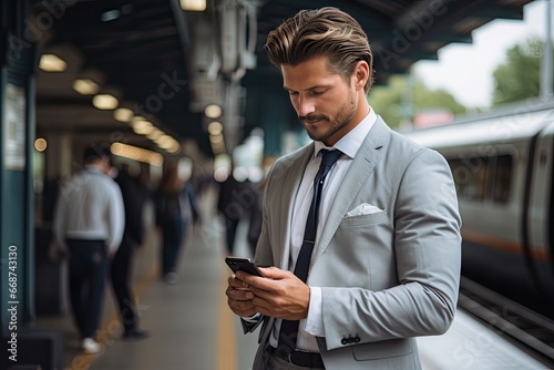 handsome businessman using smartphone while in the city