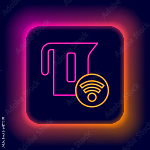 Glowing neon line Smart electric kettle system icon isolated on black background. Teapot icon. Internet of things concept with wireless connection. Colorful outline concept. Vector