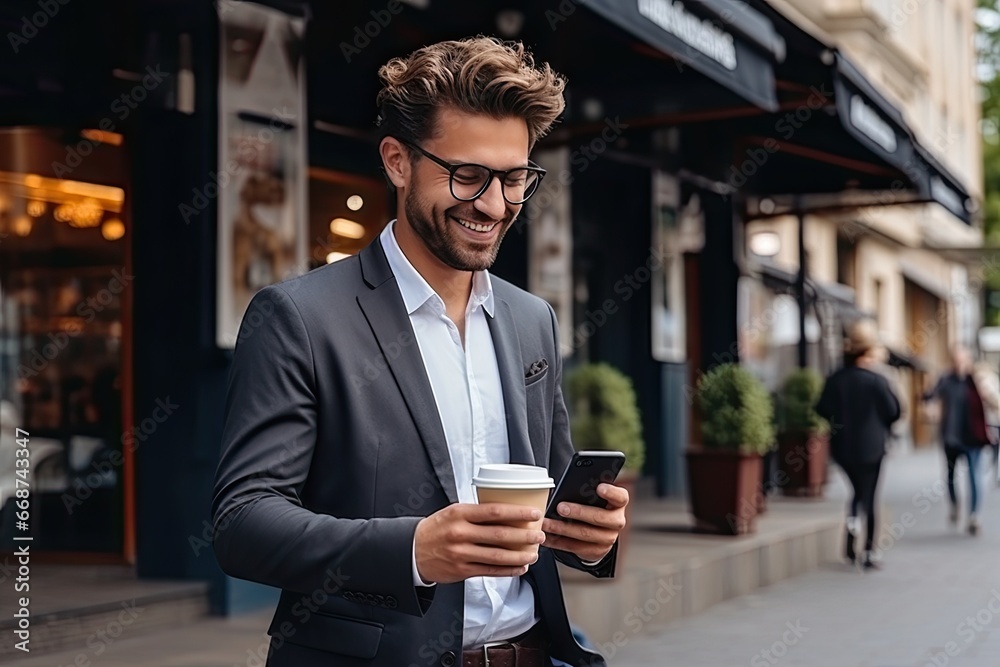 Handsome businessman using smartphone and holding coffee cup while in the city