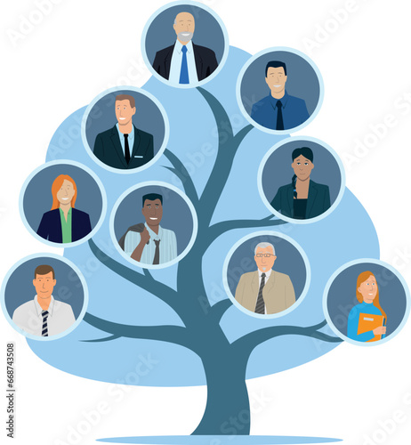 illustration vectorielle représentant l'organigramme d'une entreprise avec le patron au dessus et les employés en dessous. L'arbre symbolisant la hiérarchie dans le travail