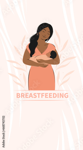 Breastfeeding and motherhood. Woman feeding baby. Vector illustration.