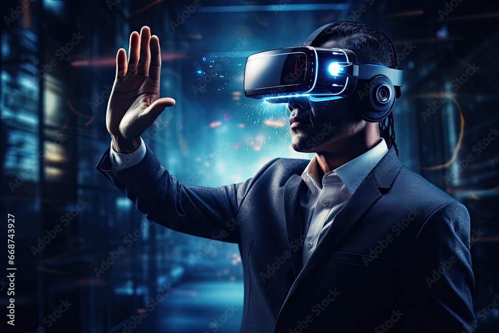 The user wears a VR headset, he is interacting with a virtual reality screen and user interface. virtual desktop concept by generative ai.