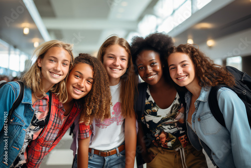 Photo of five diverse teenagers, at an airport terminal, summer