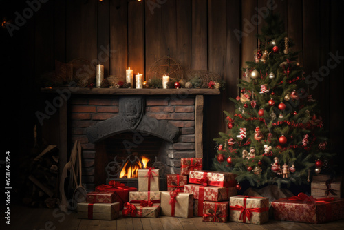 Cozy festive room with a fire place decorated for Christmas backdrop with xmas tree, gifts and light. generative ai