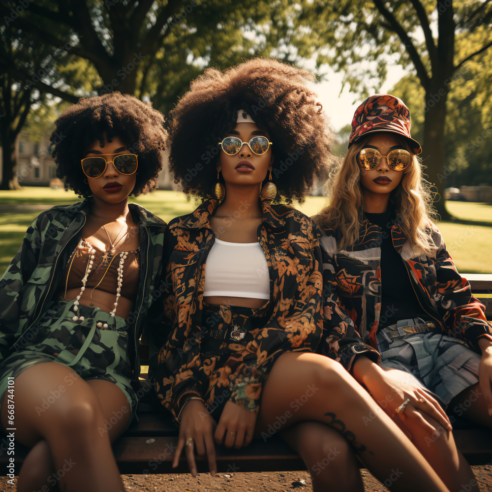 Photo of three black teeange girls, wearing trendy clothes, sitting on a bench in a park, summer