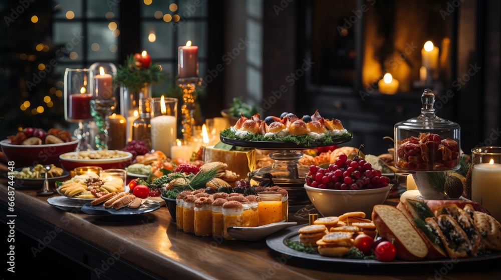 Christmas dinner table full of dishes with food and snacks, New Year's decor with a Christmas tree in the background. Garland lights, cozy family event
