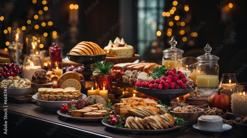 Christmas dinner table full of dishes with food and snacks, New Year's decor with a Christmas tree in the background. Garland lights, cozy family event
