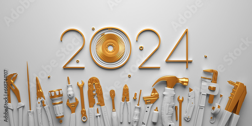 2024 New Year design template with construcrion tools set. 3d render illustration on engineering, construction, interior finishing, repair and maintenance theme. photo