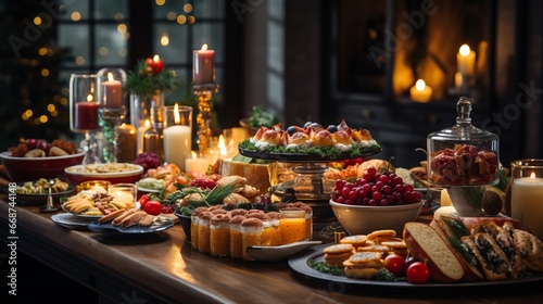 Christmas dinner table full of dishes with food and snacks, New Year's decor with a Christmas tree in the background. Garland lights, cozy family event  © PRO Neuro architect