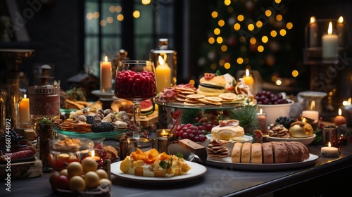 Christmas dinner table full of dishes with food and snacks, New Year's decor with a Christmas tree in the background. Garland lights, cozy family event 