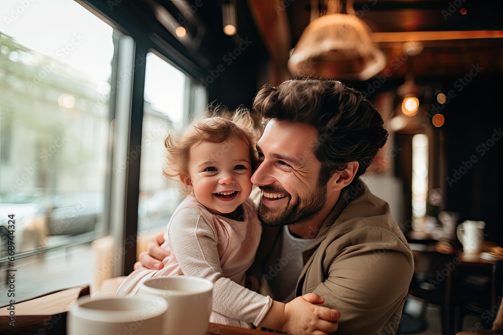 happy father and daughter hugging and smiling while spending time together outdoors