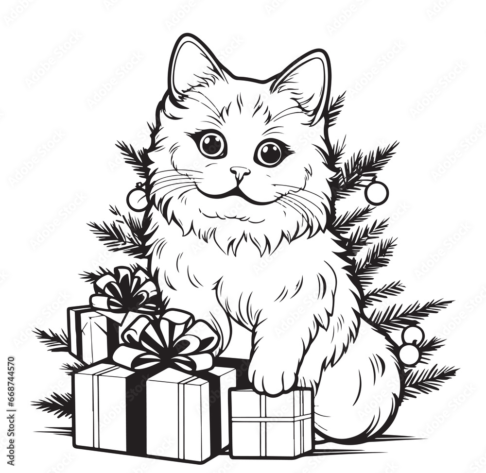 Obraz premium Cat with gifts on the background of a Christmas tree, hand drawn sketch. Symbol of Christmas and New Year.