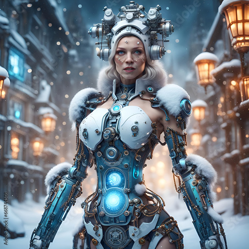 Android robot dressed as the Snow Maiden on the snowy streets of the city
