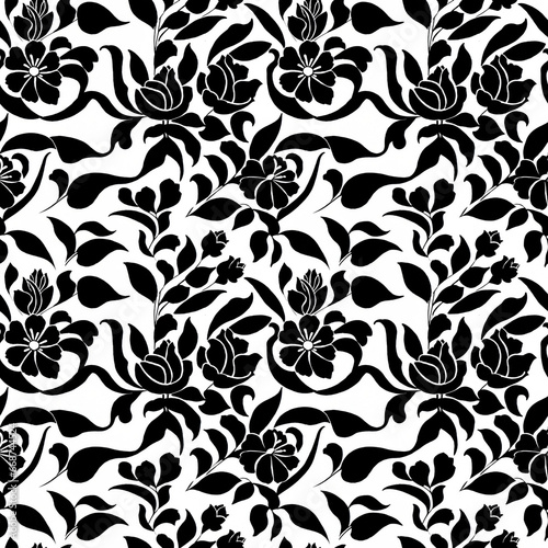 monochrome flower repeat pattern, floral seamless pattern for garment, textile, packaging, wallpaper, curtain, table cloth, wrapping paper etc. generative ai.
