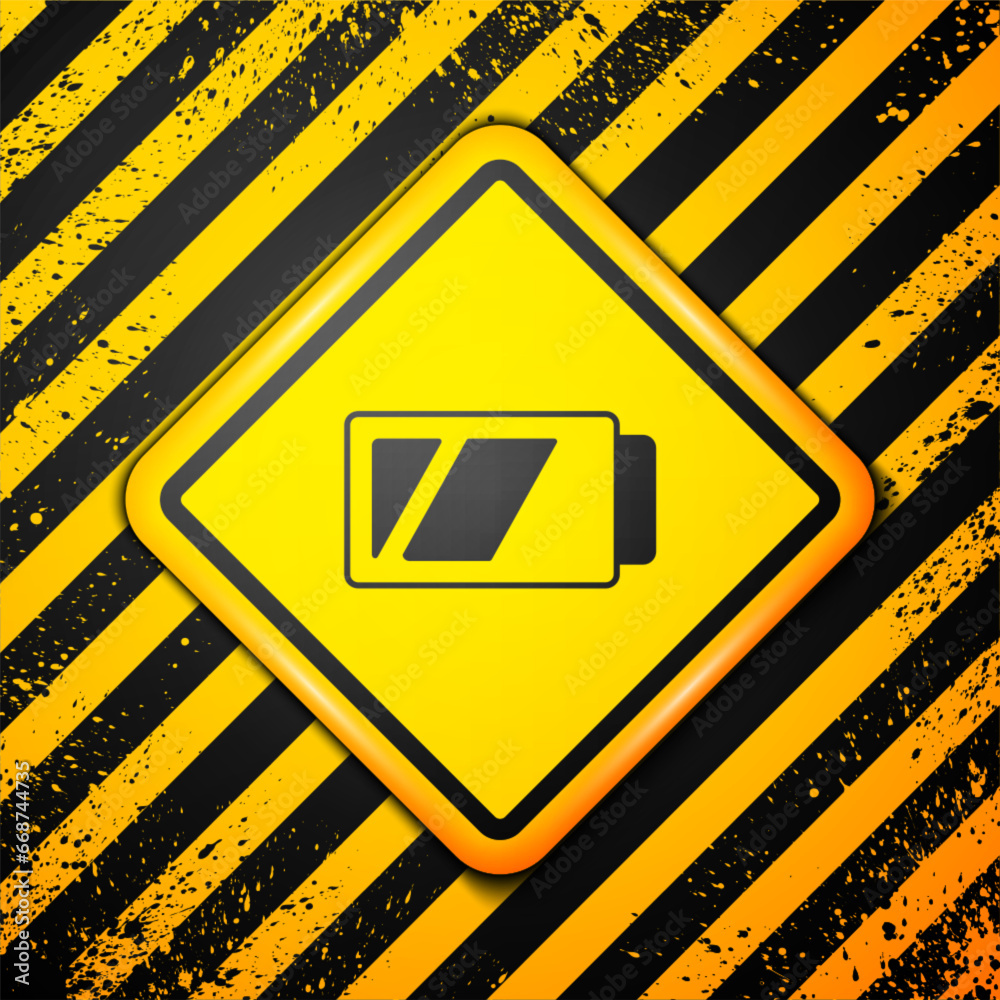 Black Battery for camera icon isolated on yellow background. Lightning bolt symbol. Warning sign. Vector Black Battery for camera icon isolated on yellow background. Lightning bolt symbol. Warning sign. Vector