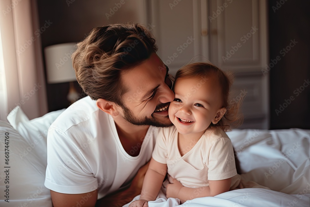 Smiling and happy father and daughter spending the weekend in a warm home Smiling and happy father and daughter spending the weekend in a warm home