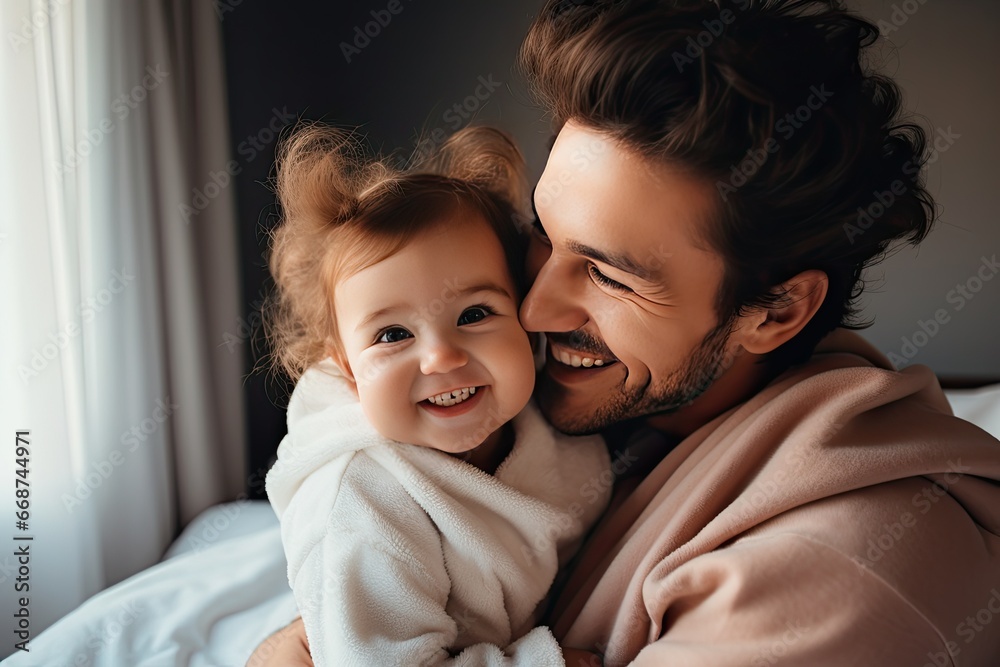 Smiling and happy father and daughter spending the weekend in a warm home