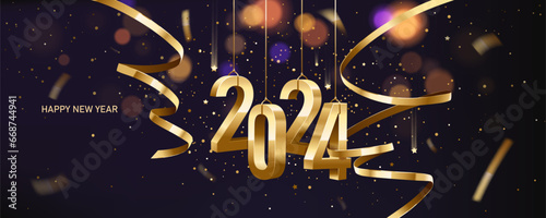 Happy New Year 2024. Hanging golden 3D numbers with golden ribbons and confetti on a defocused colorful, bokeh background.