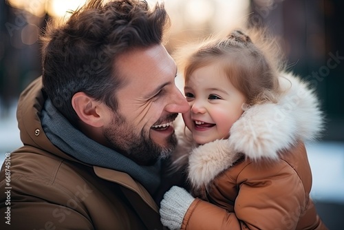 happy father and daughter hugging and smiling while spending time together outdoors