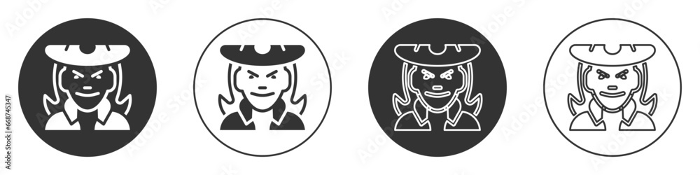 Black Witch icon isolated on white background. Happy Halloween party. Circle button. Vector
